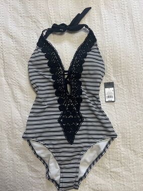 Black & White Striped Halter One-Piece Swimsuit with Crochet Trim